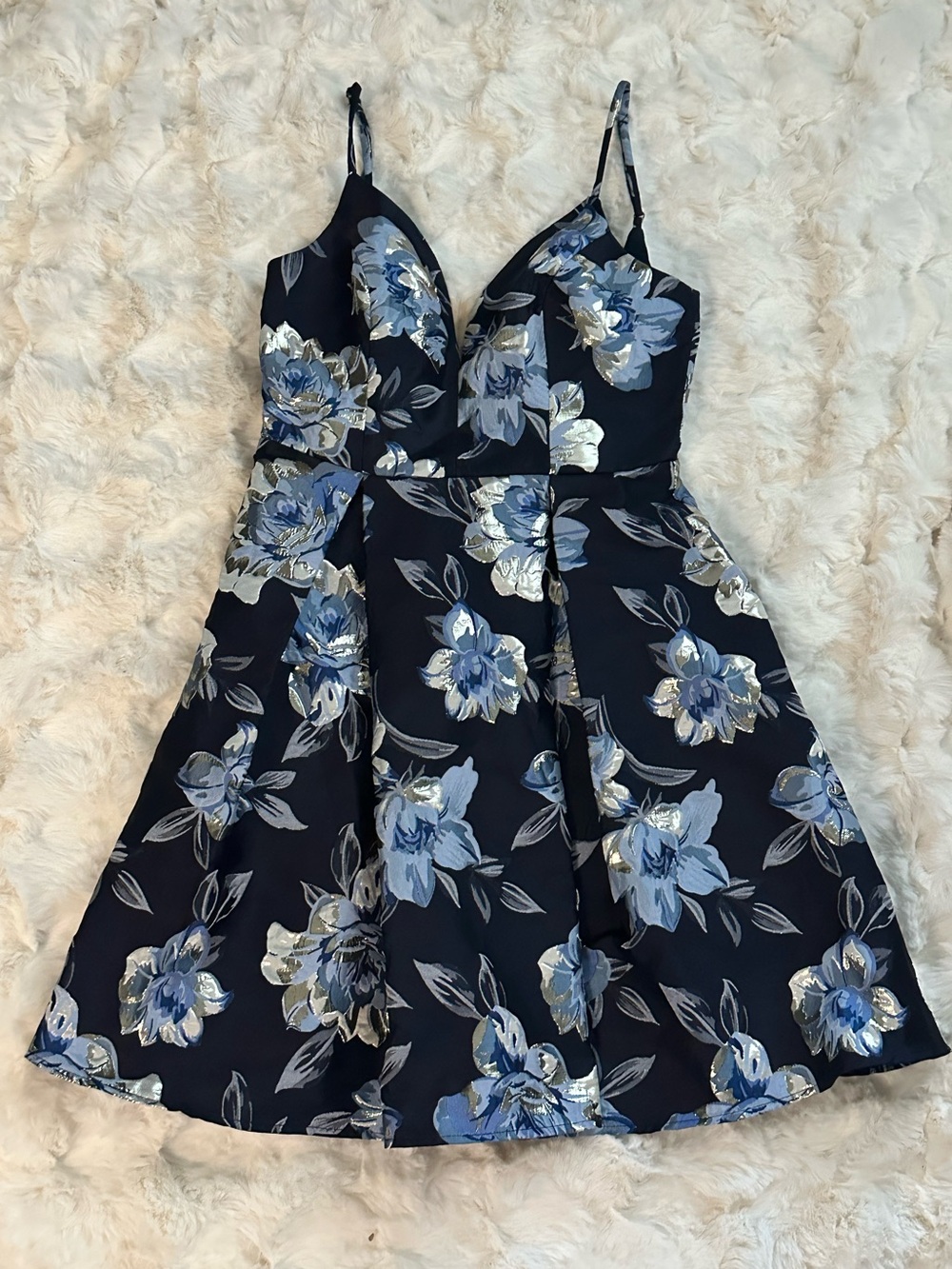 Midnight Blue Floral Fit-and-Flare Spaghetti Strap Dress in Black and Blue- NWOT - Picture 2 of 6